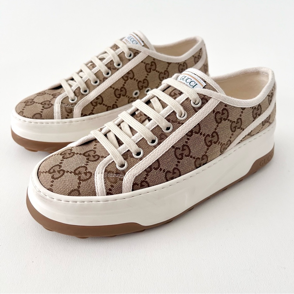 Gucci Beige and Brown GG Canvas Platform Sneakers